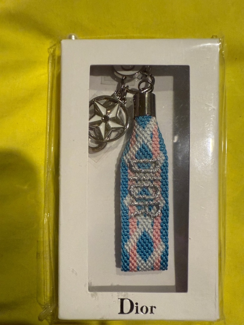 Dior Pink, Blue & White Woven Key Fob with Silver Star Charm